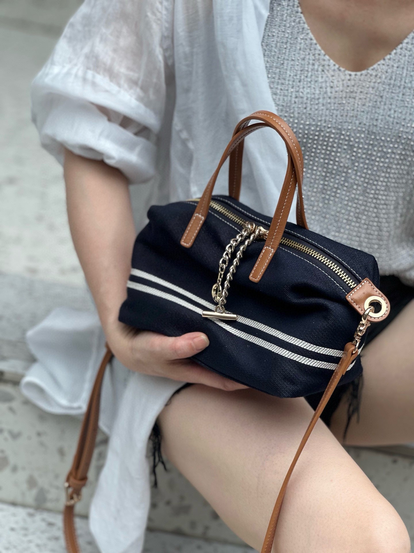 Women's Imported Washed Denim With Cowhide Leather Medium Leisure Bags