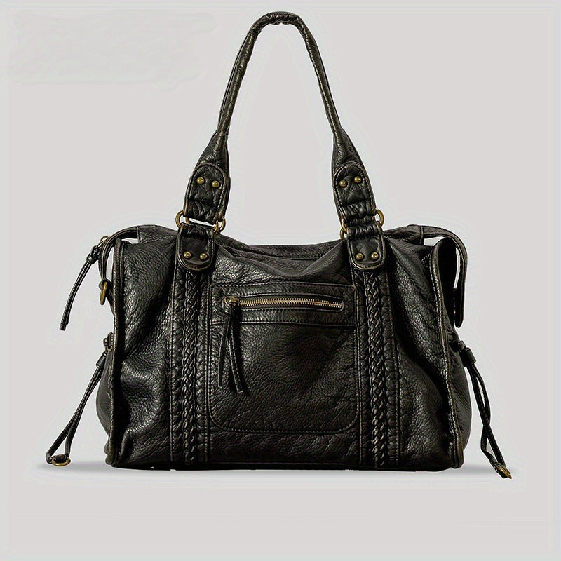 Women's Large Capacity Motorcycle French Retro Underarm Distressed Fashion Tote Bags