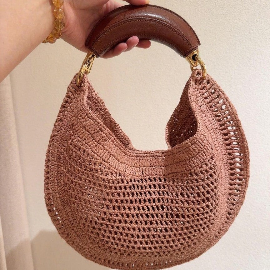 Design Straw Woven Moon Soft Leather Textured Women's Shoulder Bag