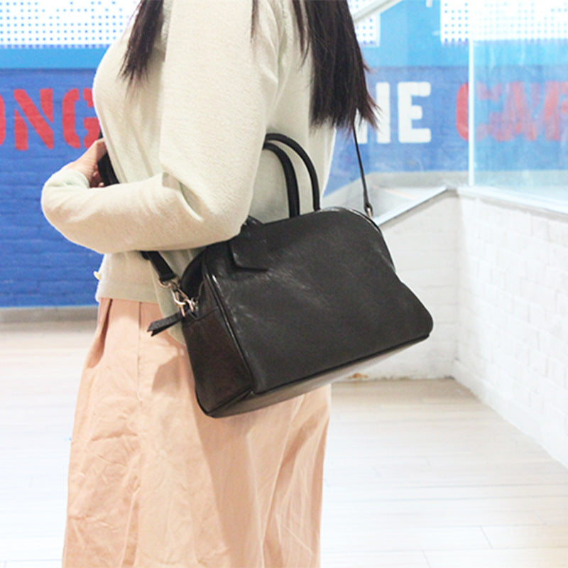 Women's Genuine Simple Minimalist Commuter Portable Boston Retro Solid Women's Leather Bag