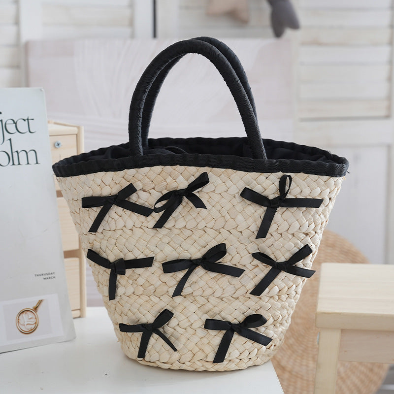 Classic Style Urban Simple Straw Bow Beach Women's Handbag