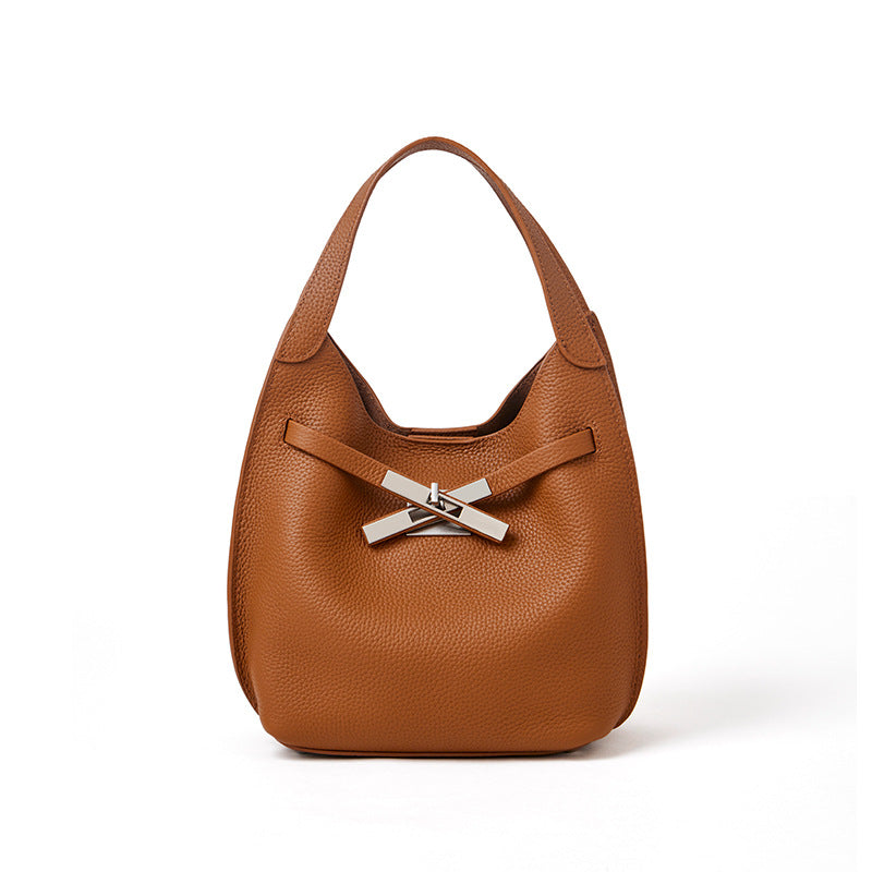 Women's Leather Pattern Cowhide Vegetable Basket Underarm Commuting Bags