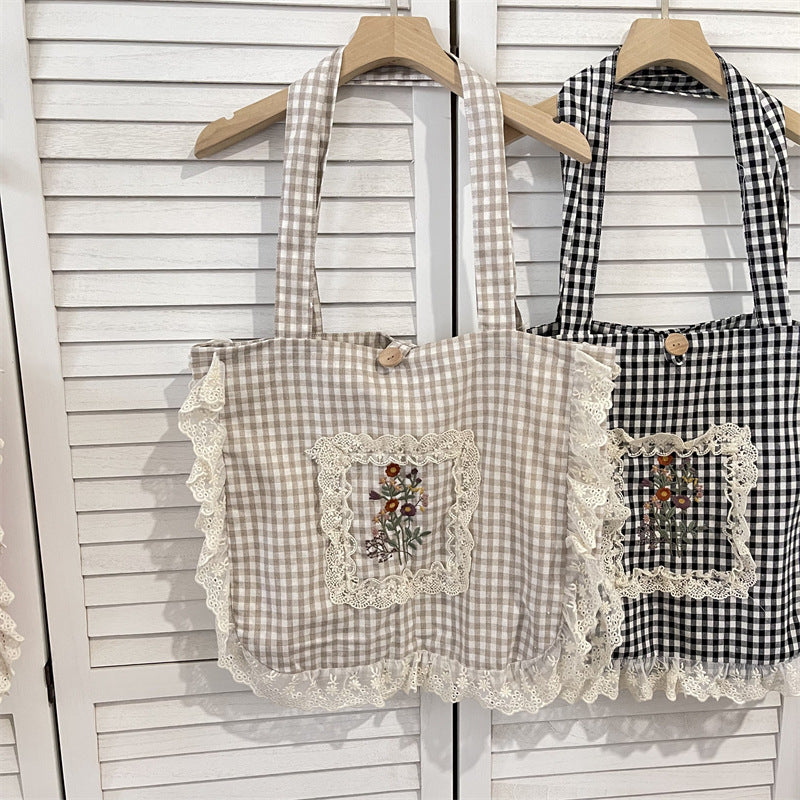 Flounce Vintage Embroidered Large Capacity Plaid Women's Shoulder Bag