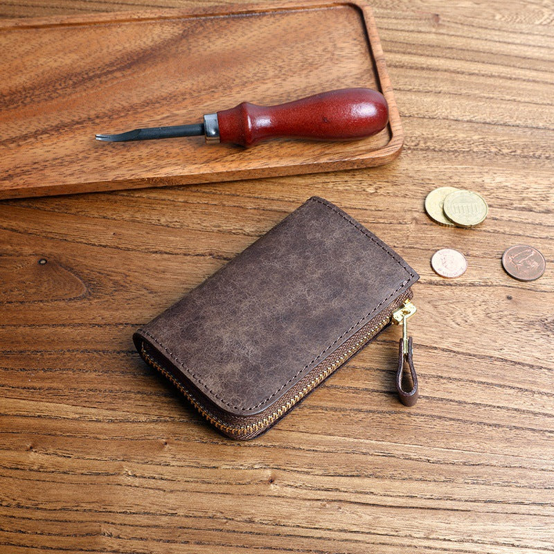 Frosted Short Zipper First Layer Cowhide Genuine Leather Men's Wallet