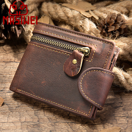 Men's Crazy Horse Leather Short Genuine Multiple Slots Men's Wallet
