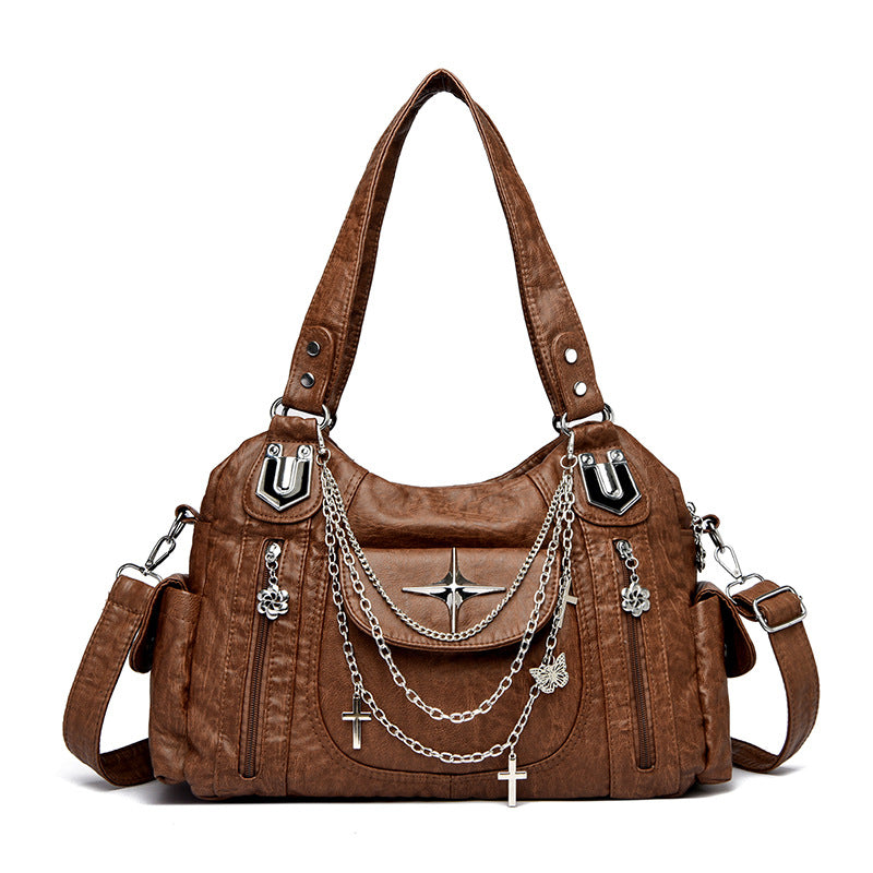 Women's Retro Distressed Chain Motorcycle Personalized Fashion Hot Large Capacity Tote Bags