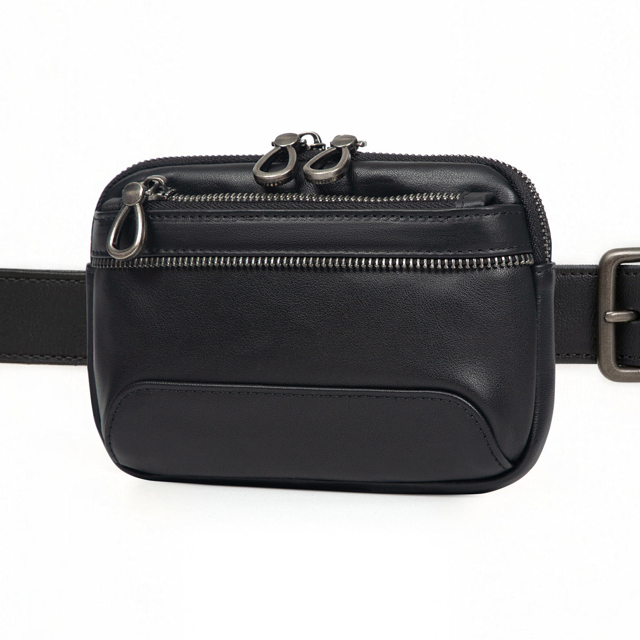Men's Genuine Leather Double Zipper Cell Storage Men's Fanny Pack