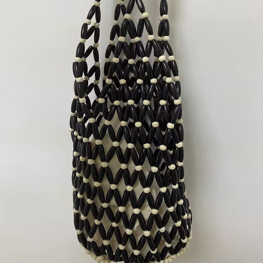 Women's Niche Design Hollow With Wooden Beads Decoration Women's Shoulder Bag