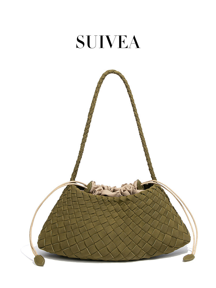 Women's Fashion Retro Vegetable Basket Mother Underarm Texture Suede Woven Bucket Bags
