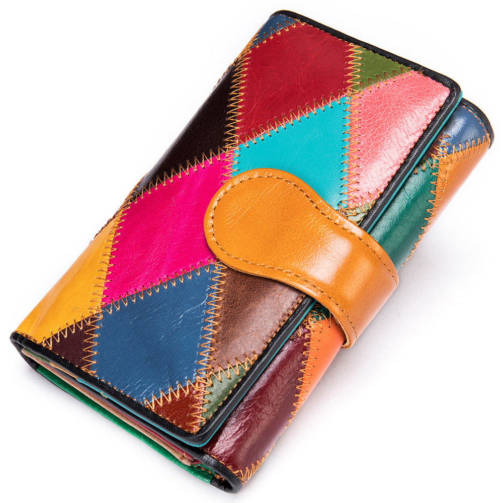 Women's First Layer Cowhide Colored Mosaic Rhombus Ladies Wallet
