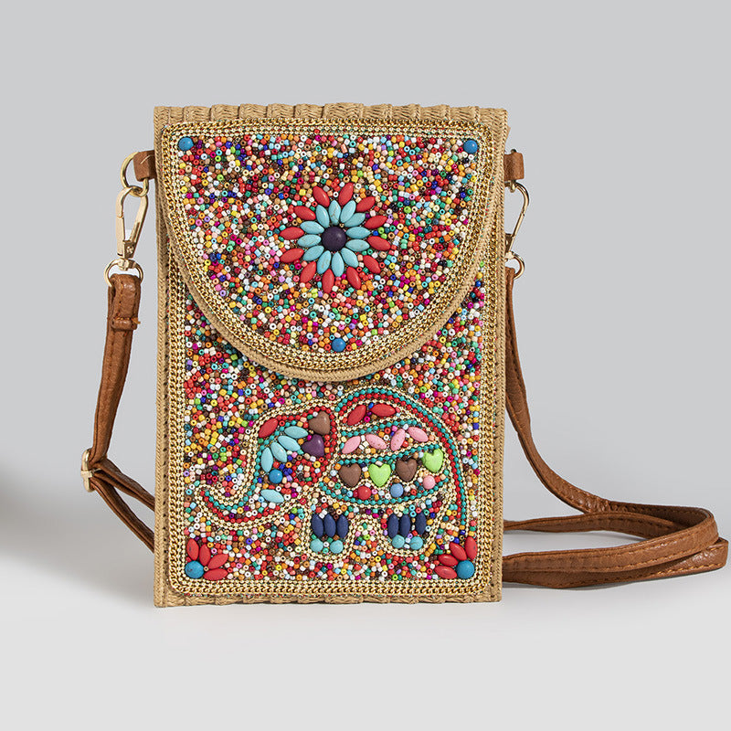Women's Style Bead Turquoise Pattern Straw Woven Shoulder Bags