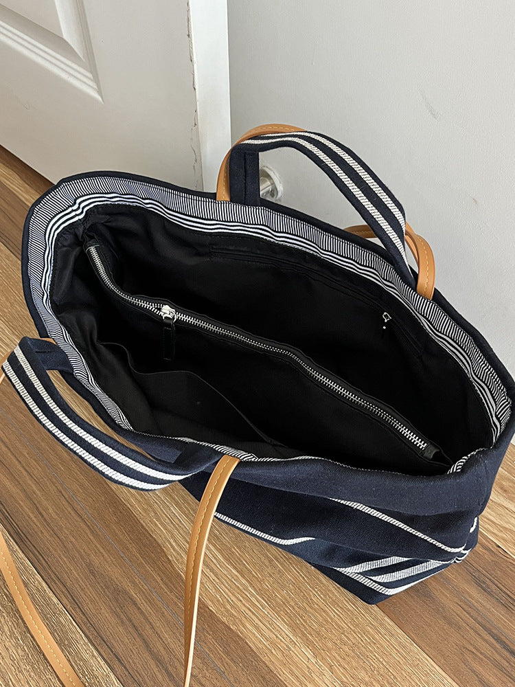Women's Large Capacity Totes Canvas Striped Dark Blue Portable Travel Bags