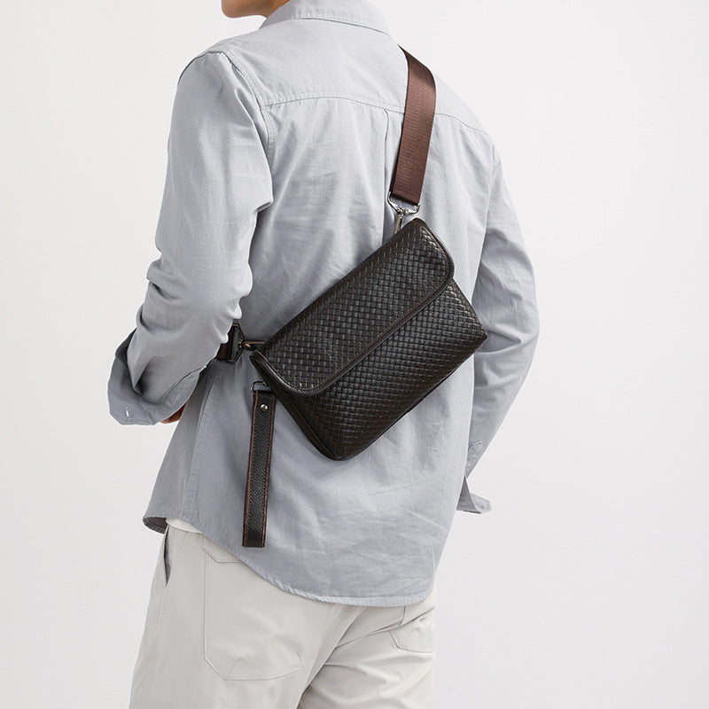 Men's Korean Weaving Cowhide Leather Solid Color Men's Shoulder Bag