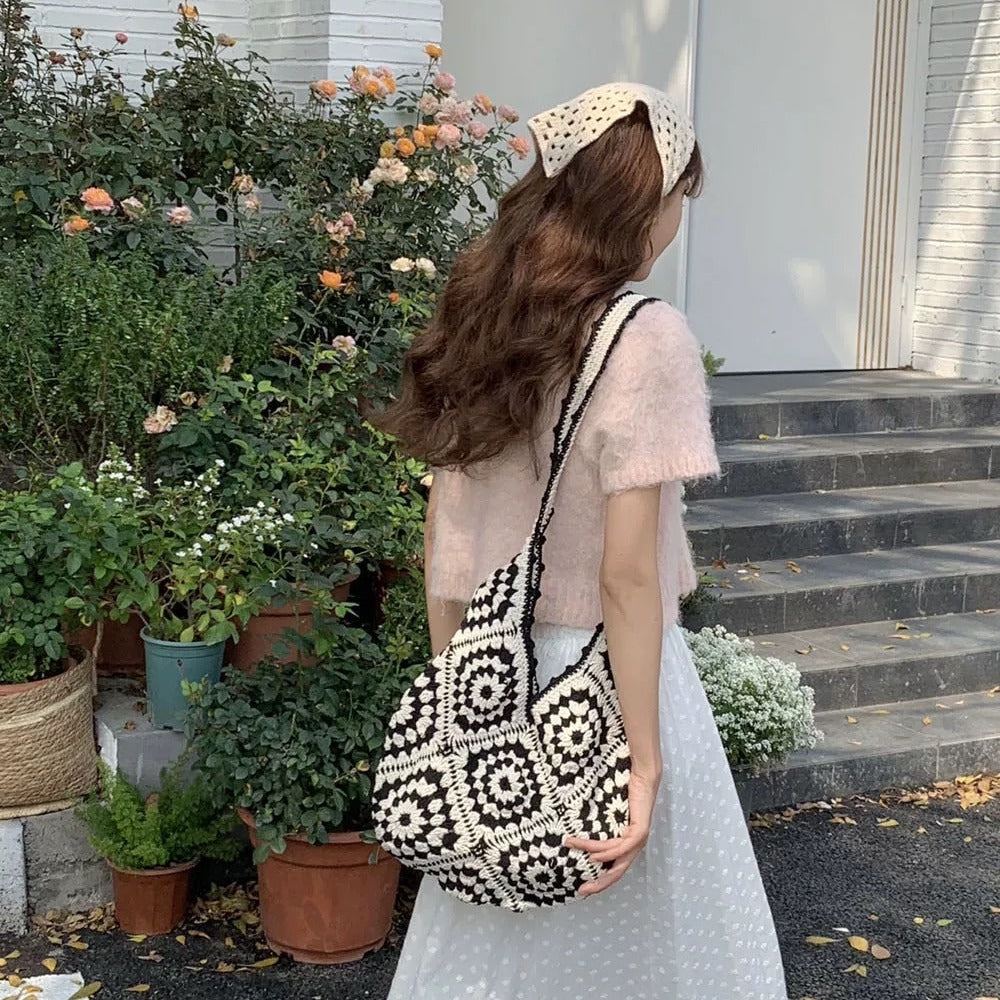 Wool Hollow Out Grandmother Plaid Flower Ethnic Bags