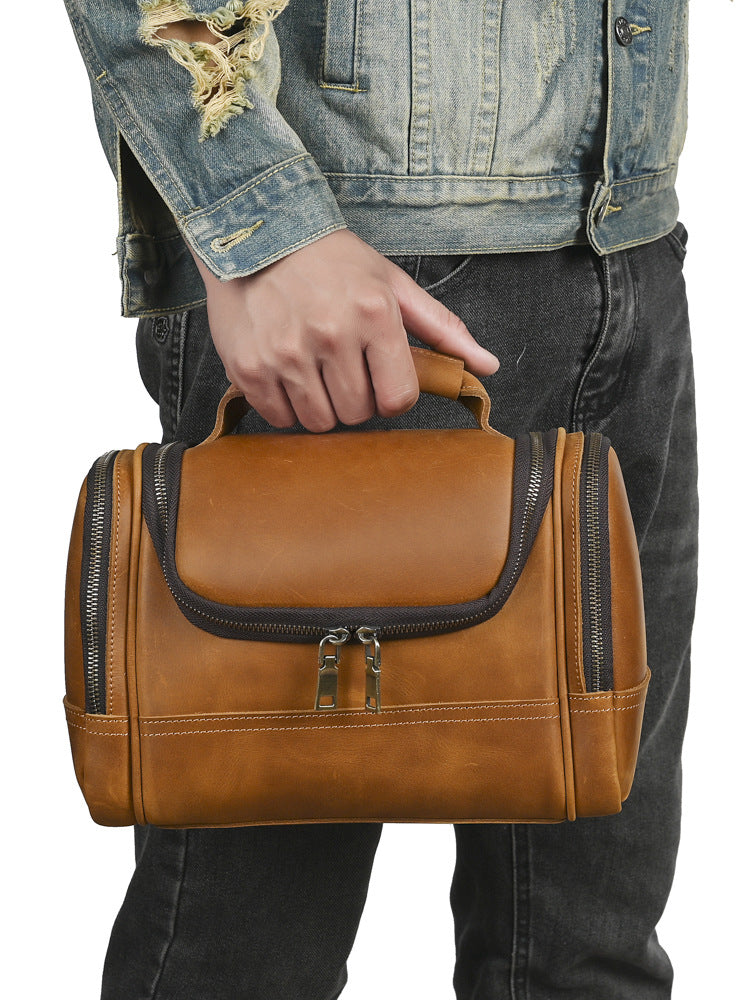 Than Crazy Horse Leather Zipper Portable Toiletry Large Capacity Trendy Bags