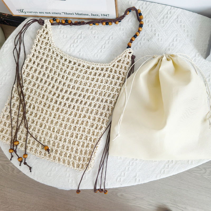 Design Net Weaving Hollow Wooden Bead Vacation Bags
