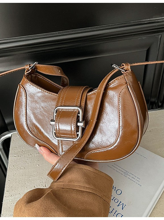 Retro Textured Hot Motorcycle Baguette Patent Women's Messenger Bag