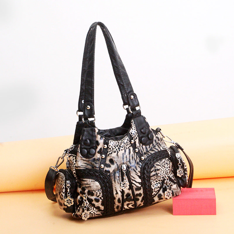 Fashion Western Style Washed Leather Leopard Print Women's Messenger Bag