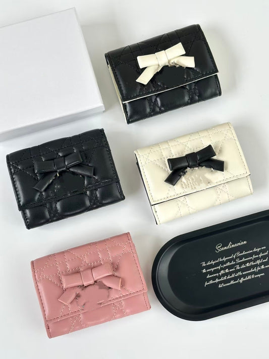 Women's Genuine Leather Bow Color Contrast Short Two Ladies Wallet