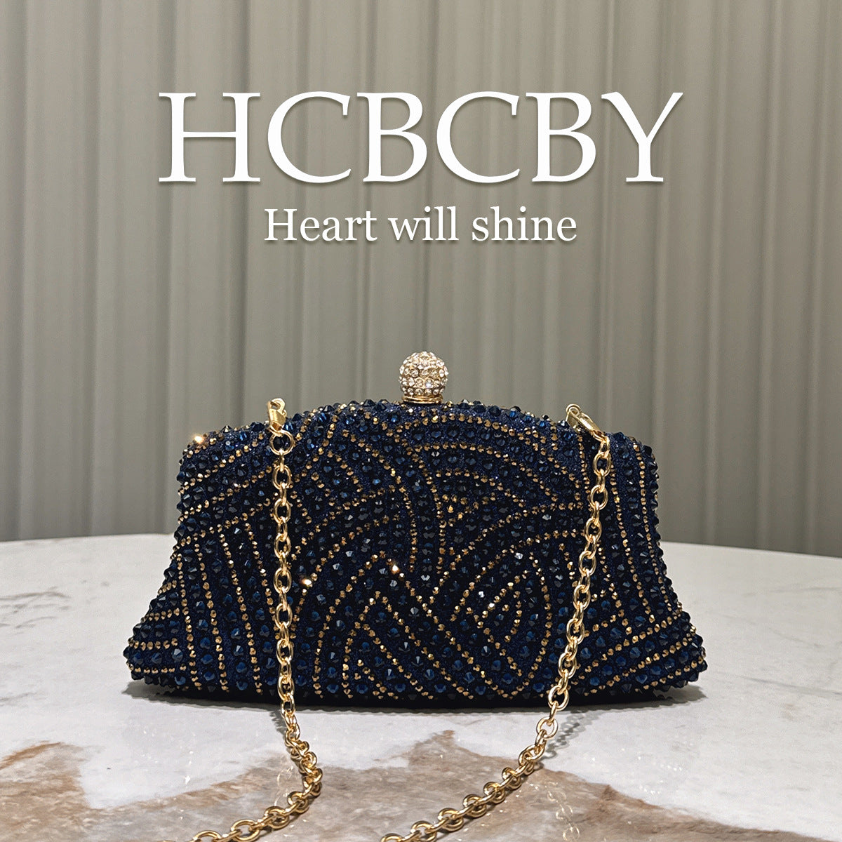 Women's Dark Blue Shiny Elegant Rhinestone Decorative Clutch Fashion Bags