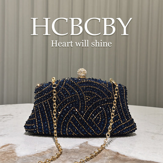 Women's Dark Blue Shiny Elegant Rhinestone Decorative Clutch Fashion Bags