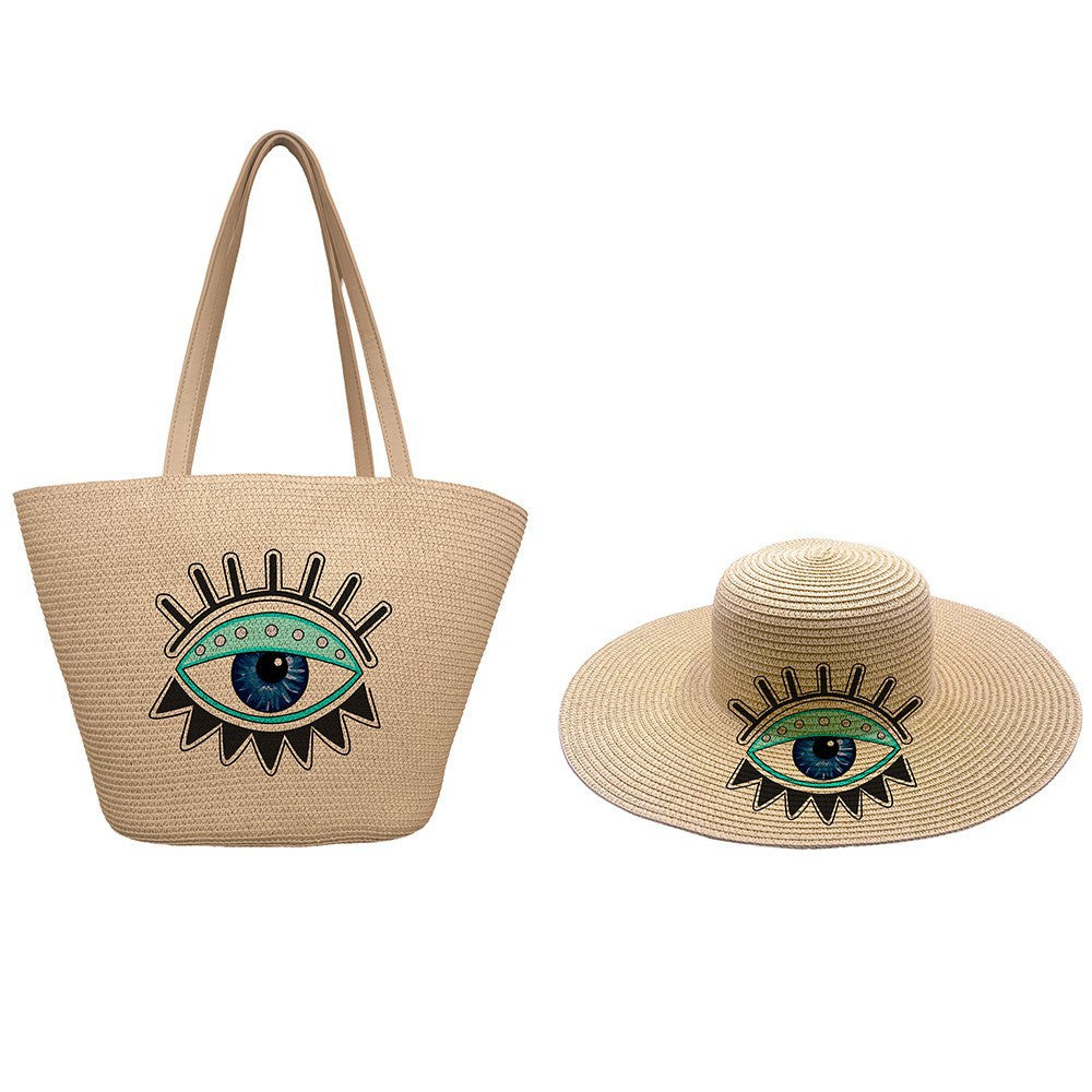 Women's Style Straw Woven Hat Set Vintage Eye Print Bags
