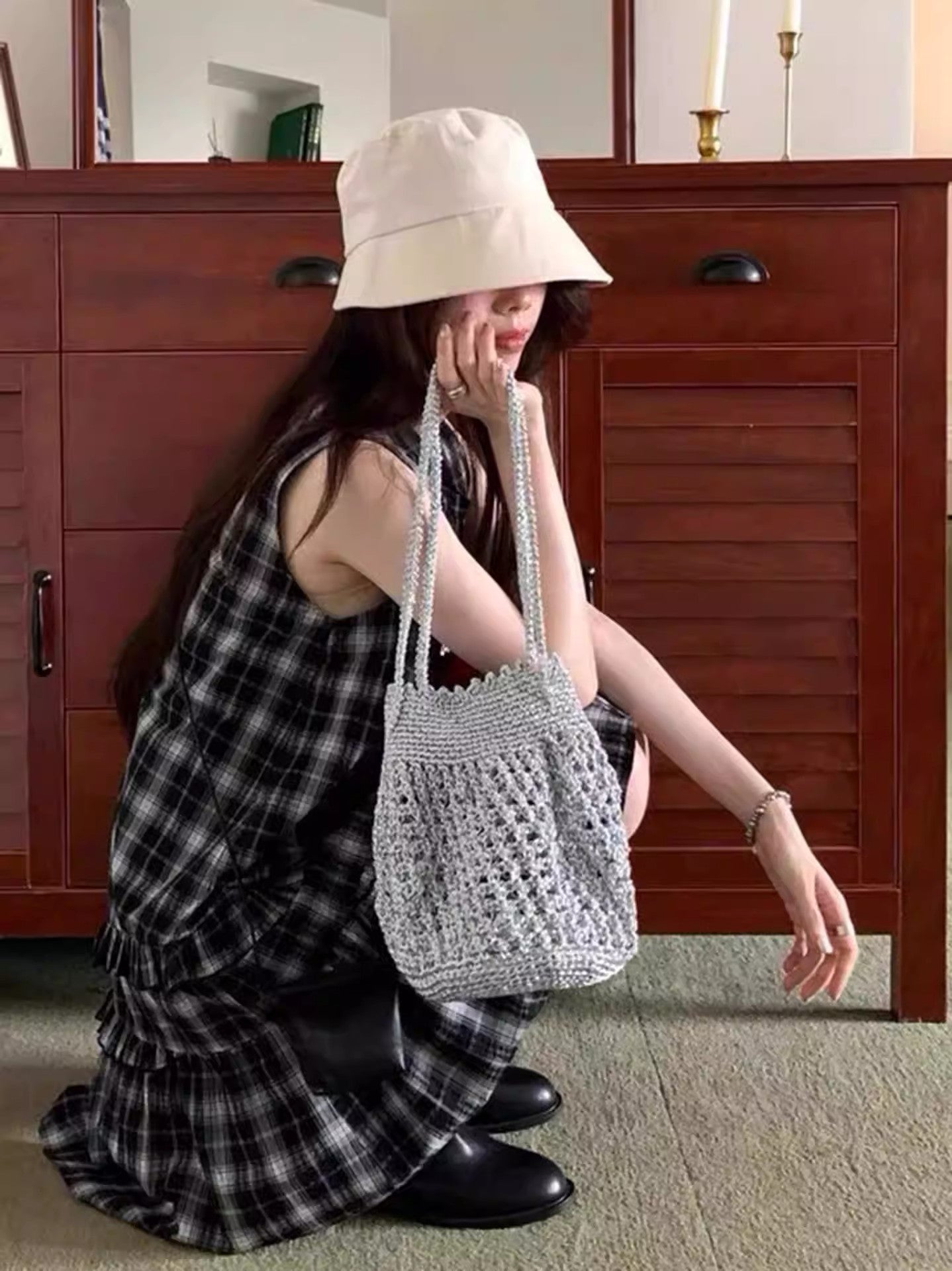 Woven High Sense French Hollow Korean Style Sparkle Sier Women's Shoulder Bag