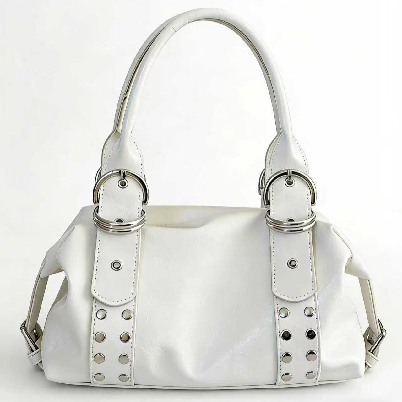 Women's Korean Underarm Soft Leather Rivets Cylinder Commuter Tote Bags