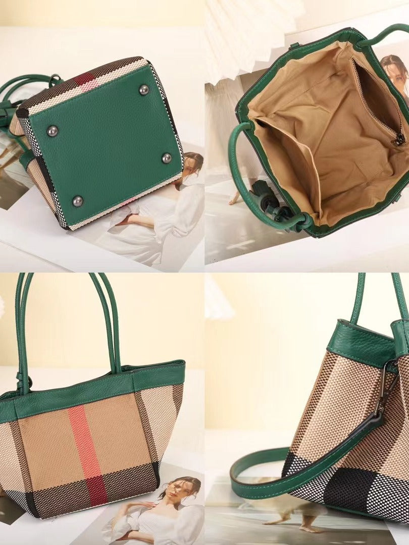 Women's Elegant Plaid Soft Leather Portable Vegetable Bucket Bags