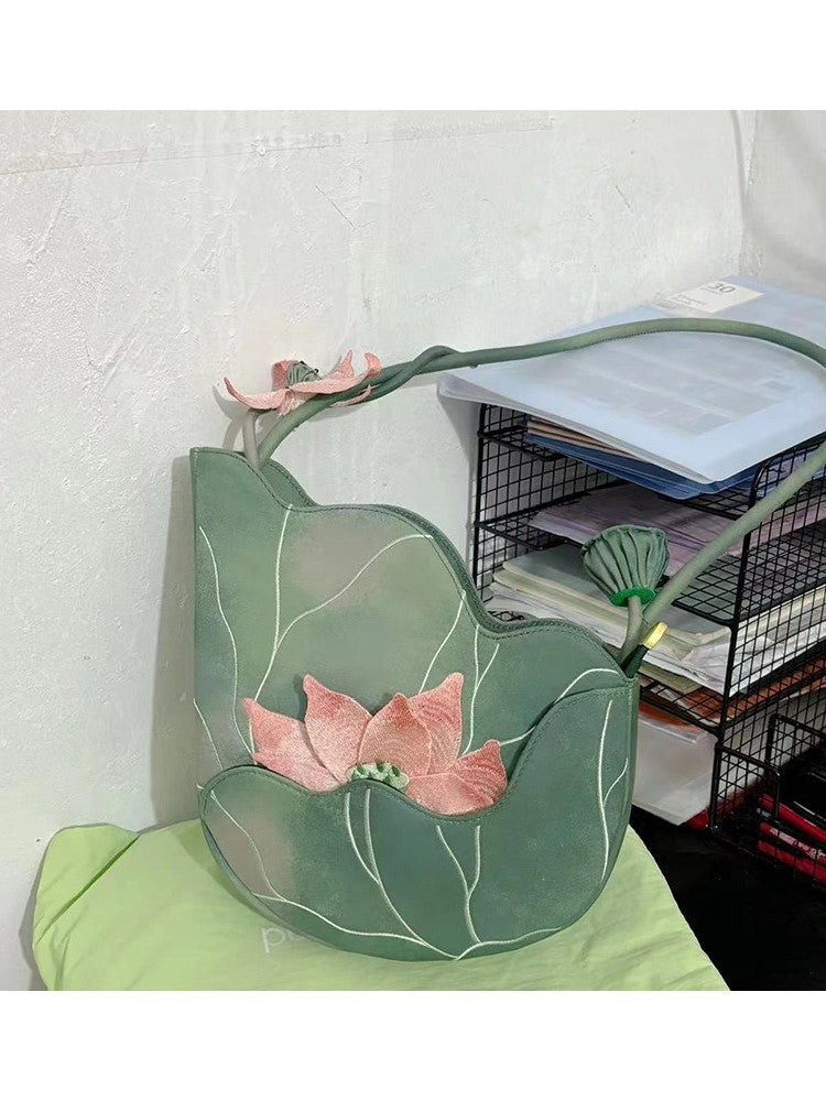 Lotus Chinese Style Handmade Embroidery Artistic Cheongsam Elegant Portable Women's Shoulder Bag