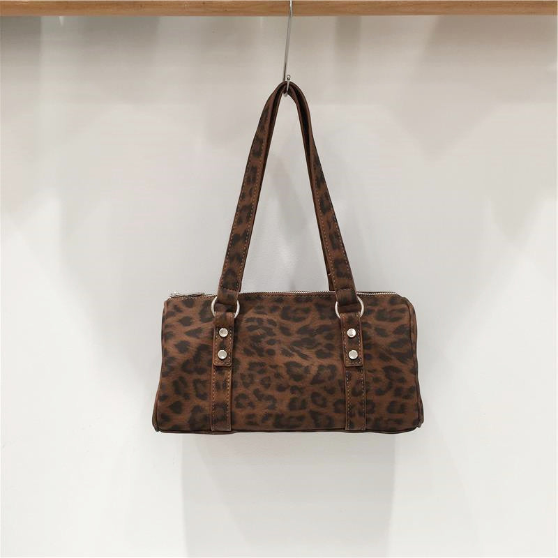 Cabinet High-grade Sense Niche Vintage Leopard Print Portable Bowling Fashion Women's Shoulder Bag