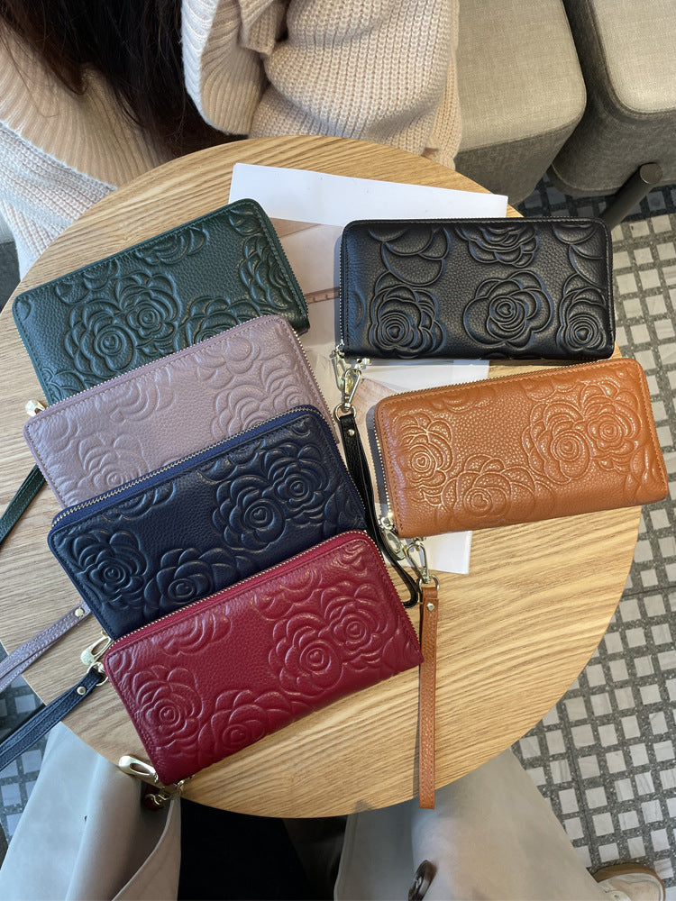 Women's Real Leather Long Single Zipper Fashion Camellia First Layer Ladies Wallet