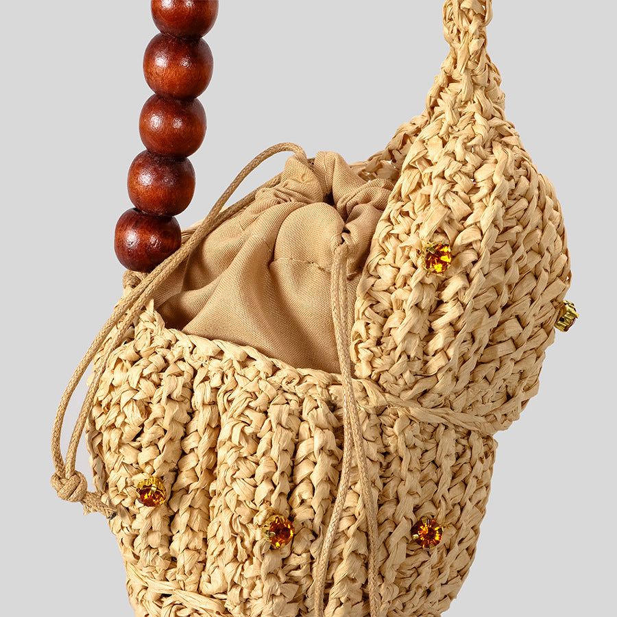 Women's Diamond Conch Straw Wooden Beaded Summer Woven Bags