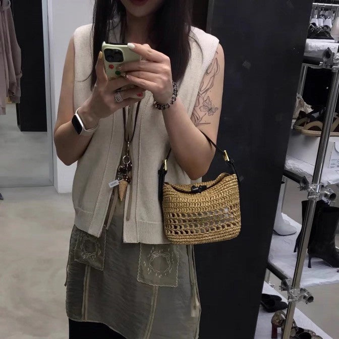 Women's First Layer Cowhide Stitching Lafite Straw Lunch Box Fashion Women's Handbag