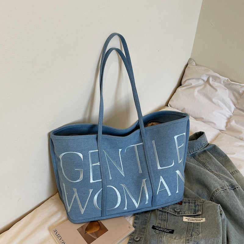 Women's Thai Letter Denim Embroidered Commuter Portable Women's Shoulder Bag
