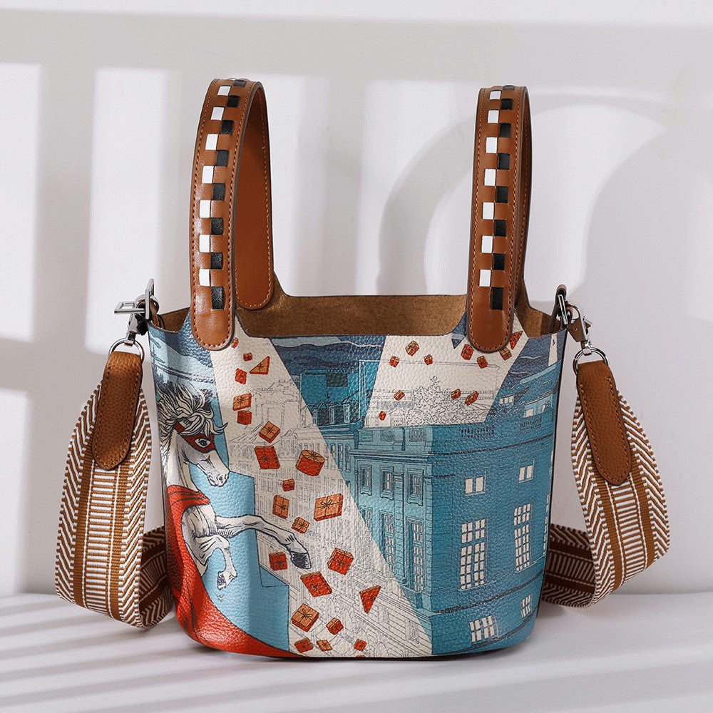 Women's First Layer Cowhide Painted Vegetable Basket Portable Genuine Bags