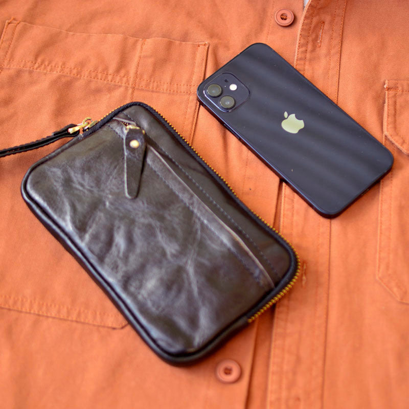 Men's Pleated Long Zipper Leather Multifunction Cattlehide Bags