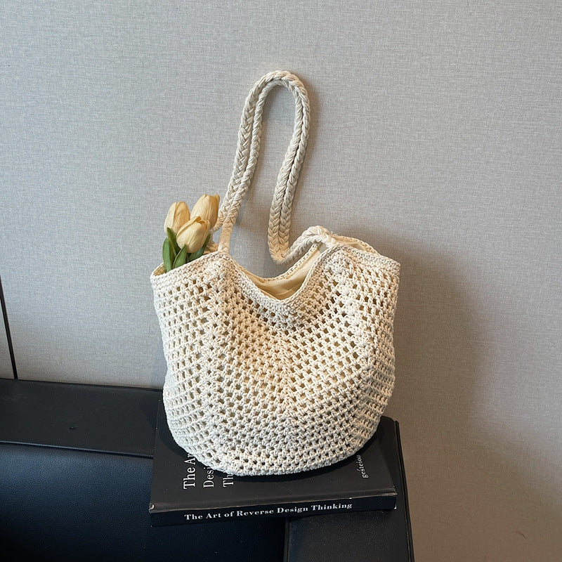 Women's Large Capacity Cotton Thread Woven Hollow Straw Idle Style Women's Shoulder Bag