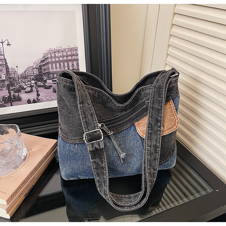 Women's Retro Trendy Washed Denim Fashion Stitching Women's Shoulder Bag