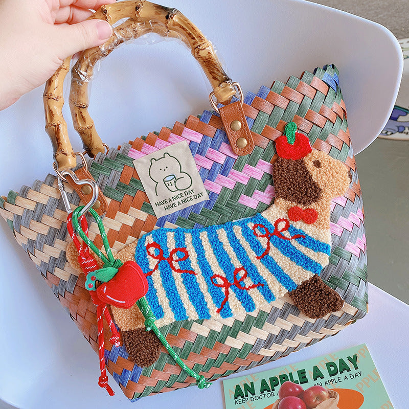 Women's Vintage Stripe Sausage Dog Repair Woven Nylon Rope Pendant Handbags