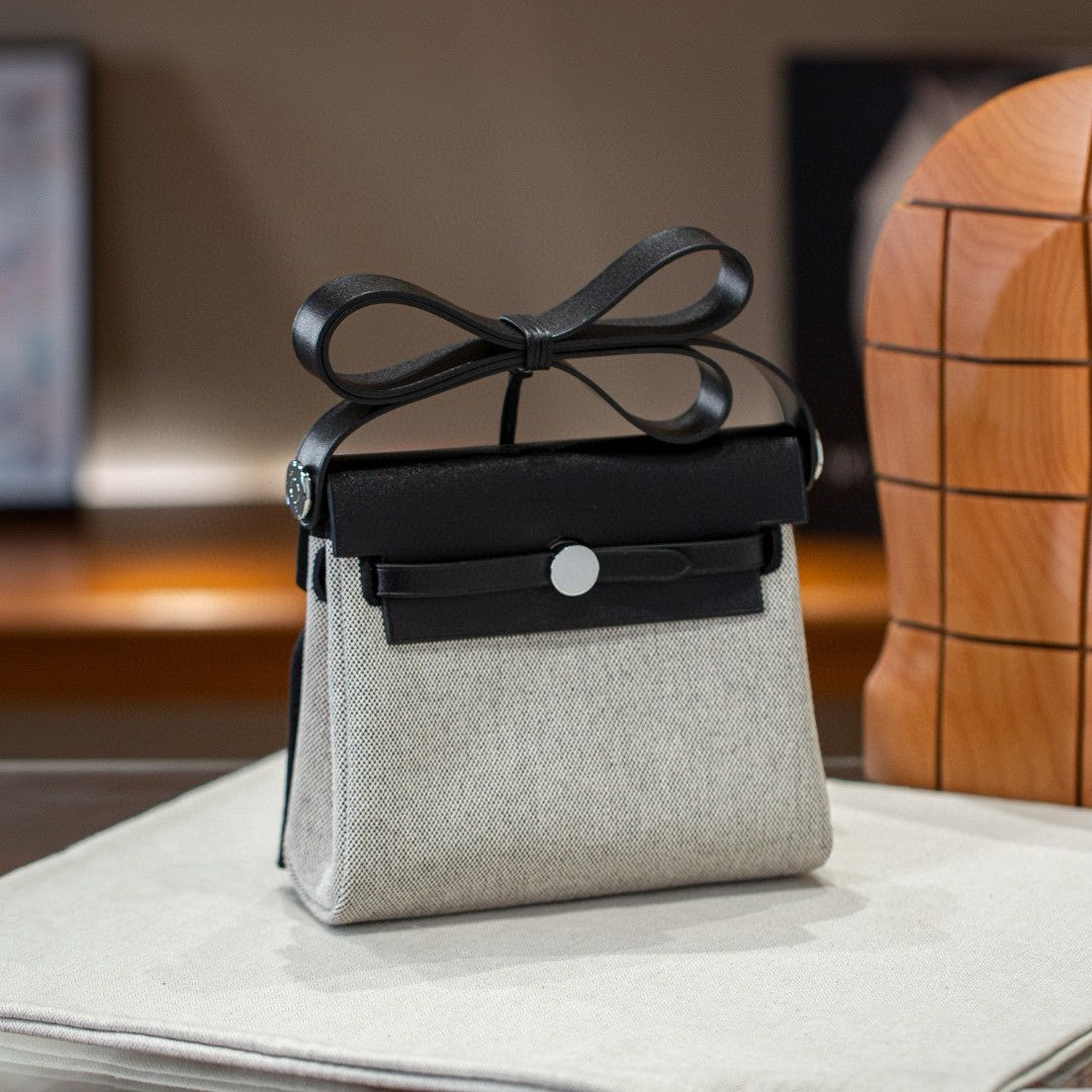 Women's Mini Kelly Cowhide Stitching Canvas Contrast Color Matching Bags
