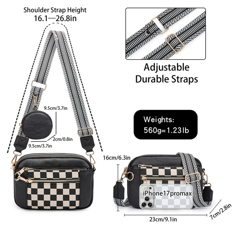 Chessboard Plaid Fashion Retro Double Zipper Women's Shoulder Bag