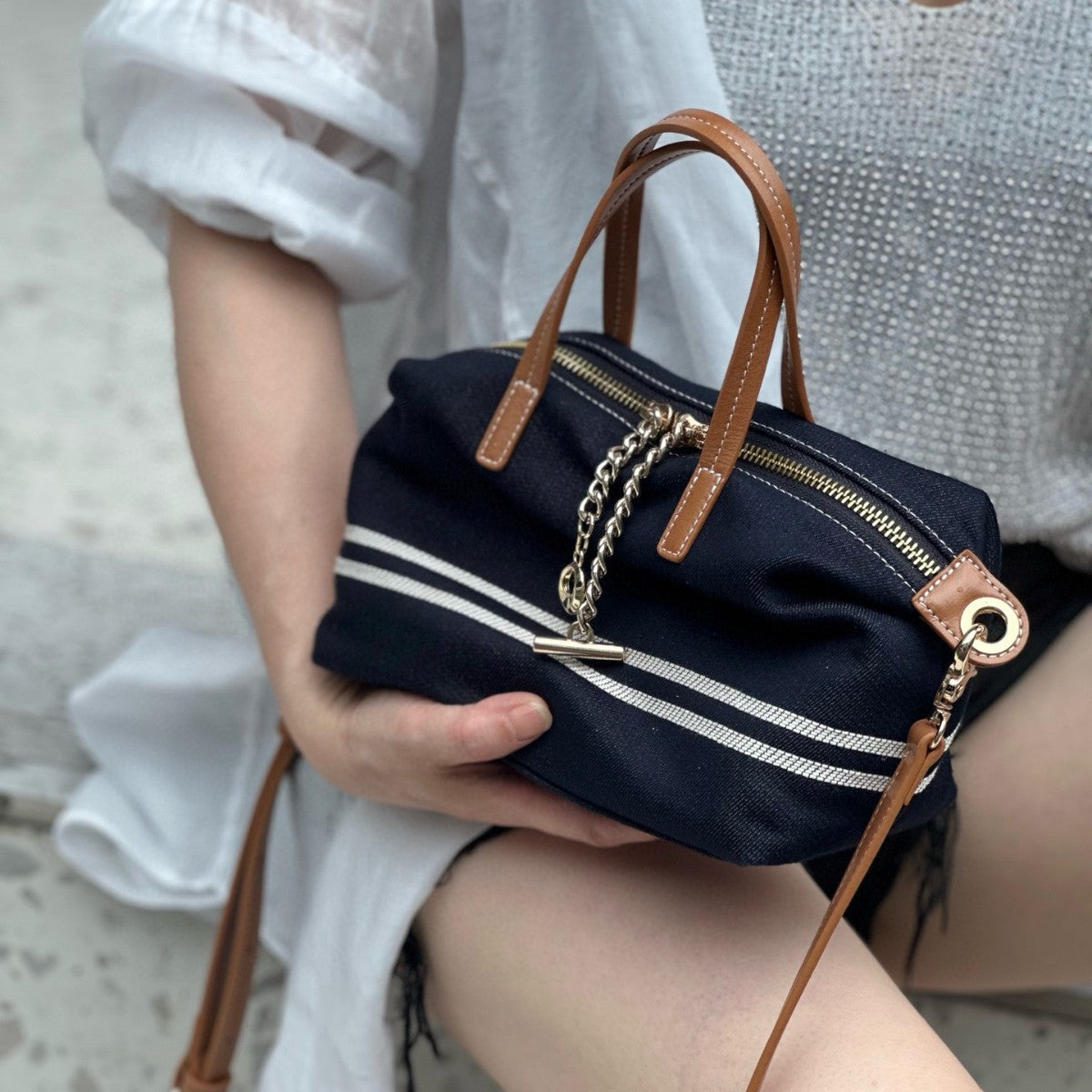 Women's Imported Washed Denim With Cowhide Leather Medium Leisure Bags