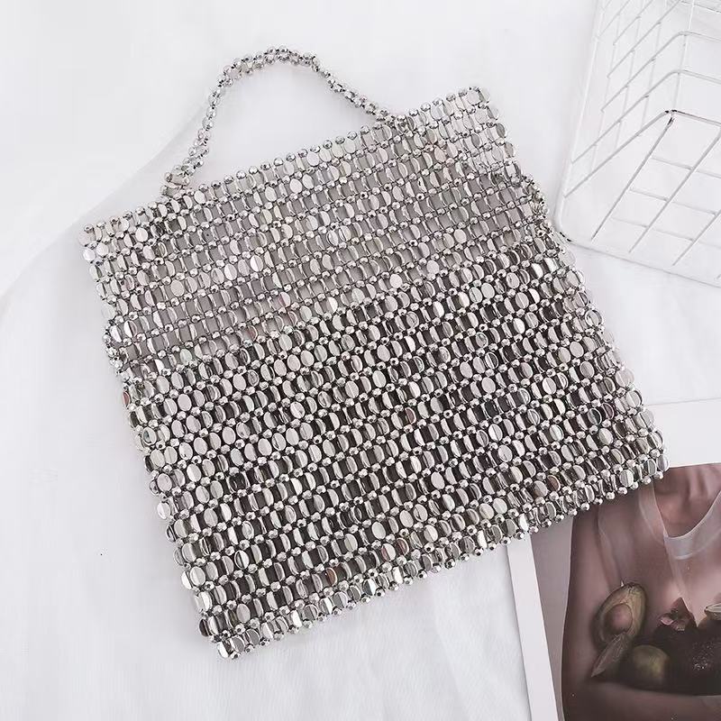 Vintage Shiny Metal Handmade Beaded Bracelet Pearl Flip Large Capacity Women's Handbag