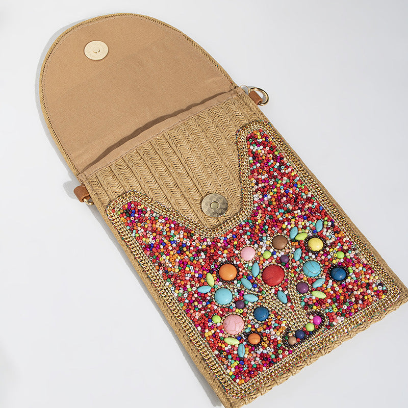 Women's Style Bead Turquoise Pattern Straw Woven Shoulder Bags