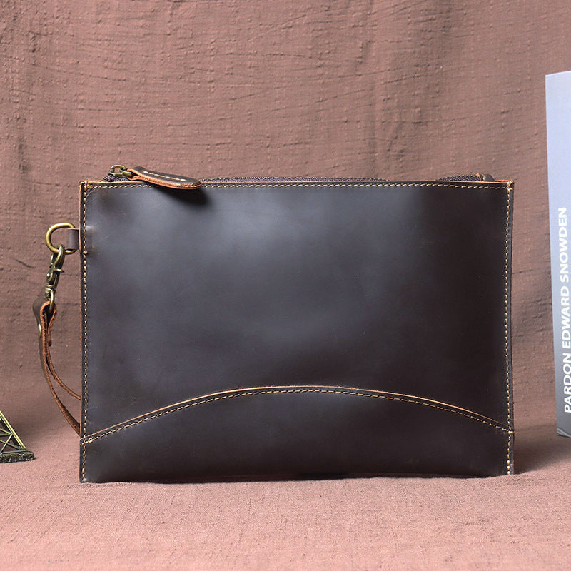 Men's Horse Leather Vintage Envelope Pure Cowhide Zipper Genuine Simple Bags