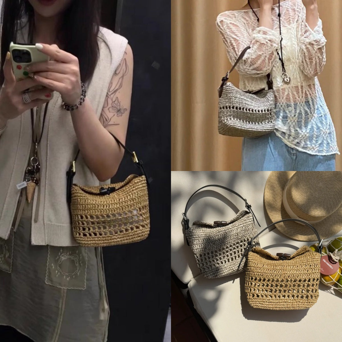 Women's First Layer Cowhide Stitching Lafite Straw Lunch Box Fashion Women's Handbag