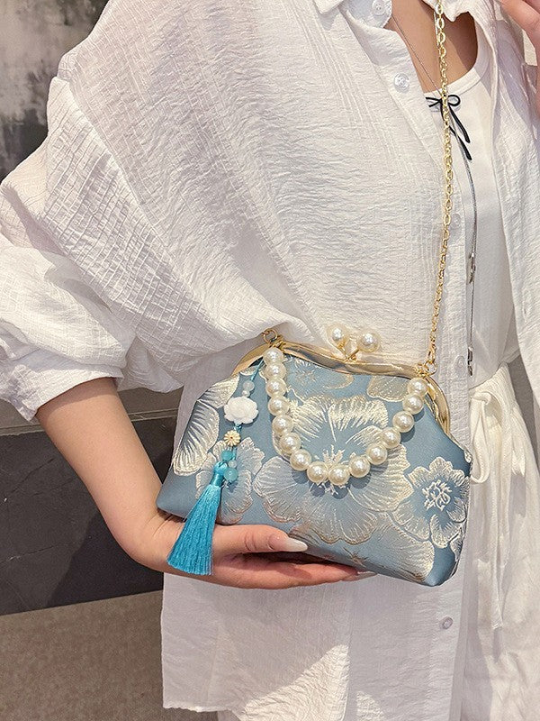 Women's Embroidered Flower Dinner Pearl Tassel Chain Small Square Bag