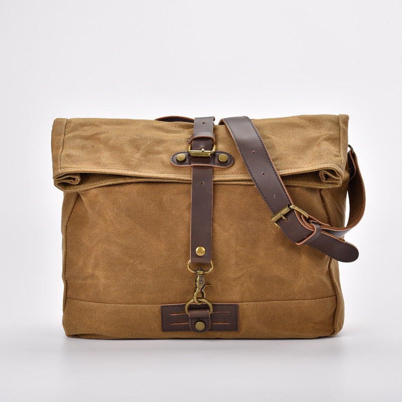 Men's Waterproof Oil Wax Canvas Vintage Crazy Horse Leather Motorcycle Men's Shoulder Bag