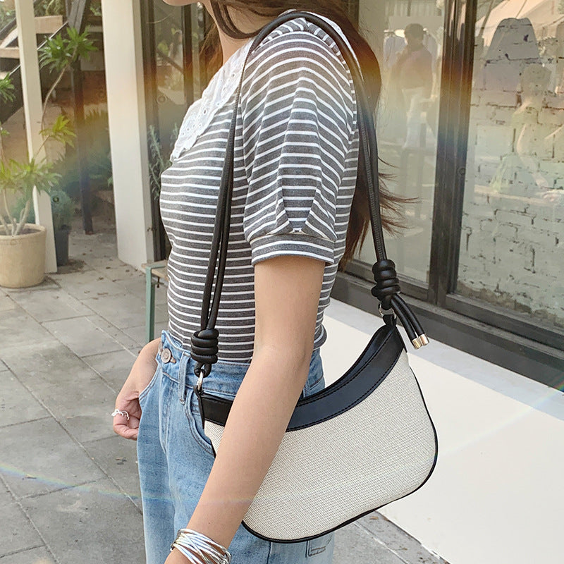Women's Canvas Underarm Contrast Color Crescent Hand Carrying Mobile Bags